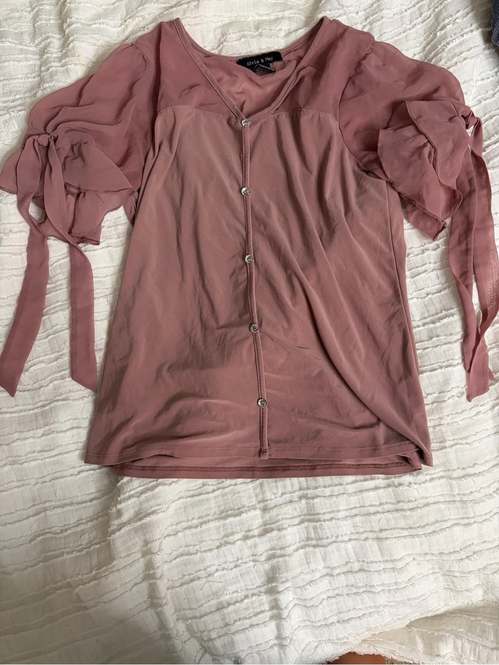 Button-Front Tie-Sleeve Blouse in Mauve Pink